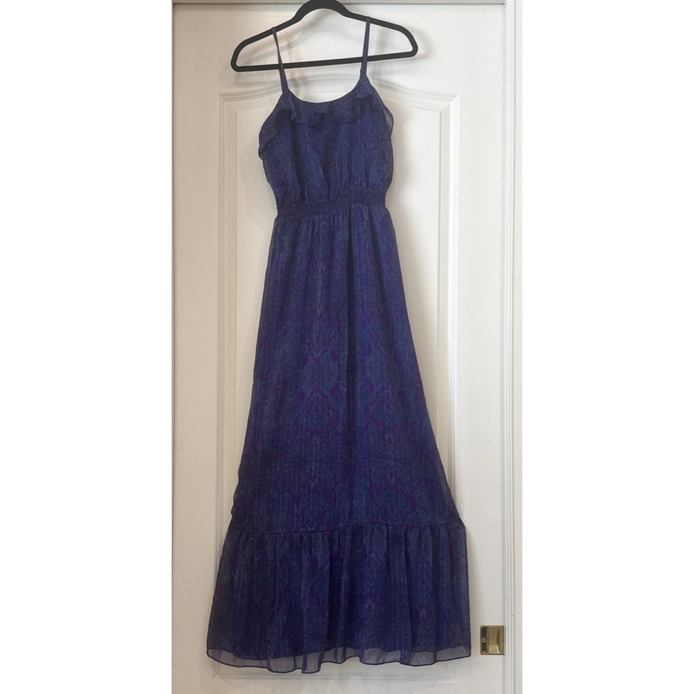 Express Maxi Dress Sz S Purple Pasley Chiffon Sheer Lined Gold Thread Fairy